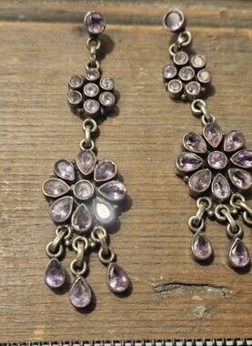 ELEGANT VTG. STERLING&AMETHYST CHANDELIER EARRINGS.2&3/4"LONG!VIBRANT MOVEMENT!